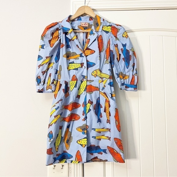 NWT LHD Casitas Printed Cotton Blend Poplin Mini Dress Corsican Trout - Picture 3 of 10